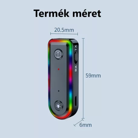 Bluetooth v5.3 transzmitter, kétirányú jelátvitel, beépített mikrofon, multifunkcionális, RGB LED, fekete