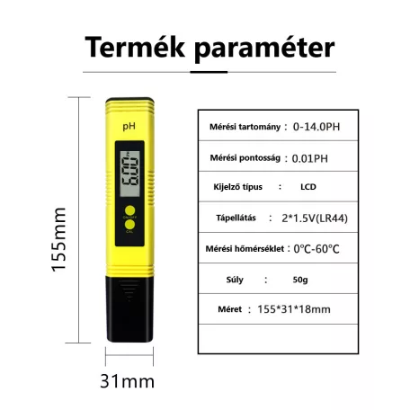 Digitális pH mérő, pH 0–14 ±0,1, akváriumhoz, úszómedencéhez, víztartályokhoz, sárga