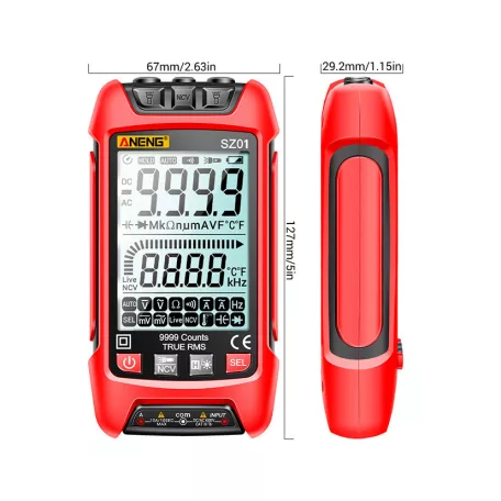 ANENG® Intelligens digitális multiméter, 3” LCD kijelző, DC/AC áramot, feszültséget, ellenállást, frekvenciát tesztel, piros-fekete