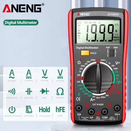 ANENG® Professzionális multiméter, DC/AC áramerősség, feszültség, ellenállás, kondenzátor kapacitás mérés, dióda, trióda teszter, fekete/piros