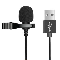   Lavalier sztereó mikrofon, csiptetős, USB-A csatlakozóval, vlogging, interjú, élő közvetítés, videofelvételhez, szélzaj-védő szivaccsal, fekete