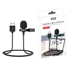 Lavalier sztereó mikrofon, csiptetős, USB-A csatlakozóval, vlogging, interjú, élő közvetítés, videofelvételhez, szélzaj-védő szivaccsal, fekete