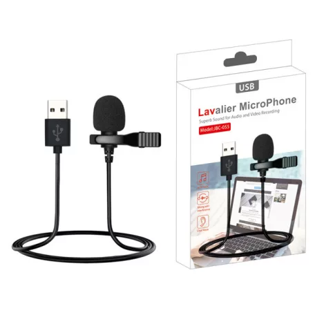 Lavalier sztereó mikrofon, csiptetős, USB-A csatlakozóval, vlogging, interjú, élő közvetítés, videofelvételhez, szélzaj-védő szivaccsal, fekete