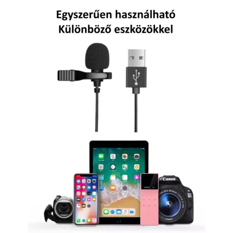 Lavalier sztereó mikrofon, csiptetős, USB-A csatlakozóval, vlogging, interjú, élő közvetítés, videofelvételhez, szélzaj-védő szivaccsal, fekete