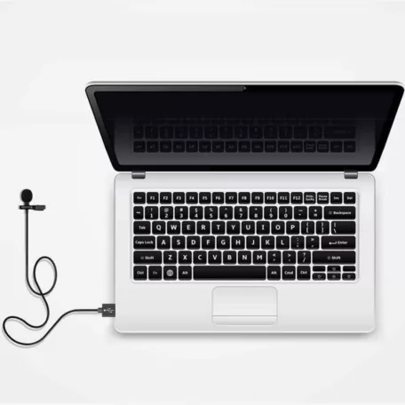 Lavalier sztereó mikrofon, csiptetős, USB-A csatlakozóval, vlogging, interjú, élő közvetítés, videofelvételhez, szélzaj-védő szivaccsal, fekete