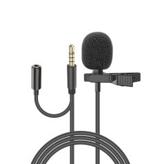   Lavalier sztereó mikrofon, csiptetős, 3.5mm Jack csatlakozóval, mobiltelefon/tablet/laptophoz, szélzaj-védő szivaccsal, fekete