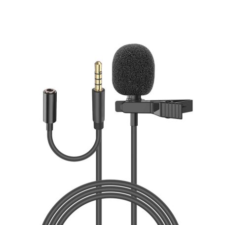 Lavalier sztereó mikrofon, csiptetős, 3.5mm Jack csatlakozóval, mobiltelefon/tablet/laptophoz, szélzaj-védő szivaccsal, fekete