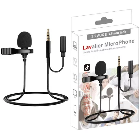 Lavalier sztereó mikrofon, csiptetős, 3.5mm Jack csatlakozóval, mobiltelefon/tablet/laptophoz, szélzaj-védő szivaccsal, fekete