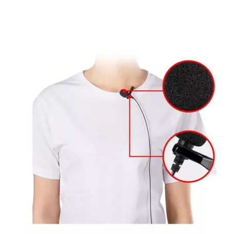 Lavalier sztereó mikrofon, csiptetős, 3.5mm Jack csatlakozóval, mobiltelefon/tablet/laptophoz, szélzaj-védő szivaccsal, fekete
