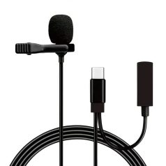   Lavalier sztereó mikrofon, csiptetős, USB-C csatlakozóval, mobiltelefon/tablet/laptophoz, szélzaj-védő szivaccsal, fekete