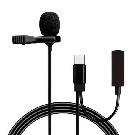 Lavalier sztereó mikrofon, csiptetős, USB-C csatlakozóval, mobiltelefon/tablet/laptophoz, szélzaj-védő szivaccsal, fekete