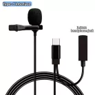 Lavalier sztereó mikrofon, csiptetős, USB-C csatlakozóval, mobiltelefon/tablet/laptophoz, szélzaj-védő szivaccsal, fekete