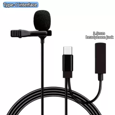   Lavalier sztereó mikrofon, csiptetős, USB-C csatlakozóval, mobiltelefon/tablet/laptophoz, szélzaj-védő szivaccsal, fekete