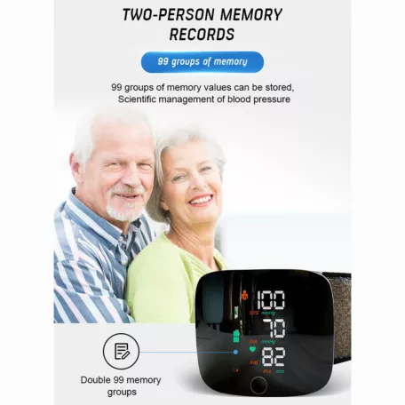 Digitális vérnyomásmérő, csuklós, LED kijelző, gyors automatikus mérés, 99 memória, USB töltés, fekete
