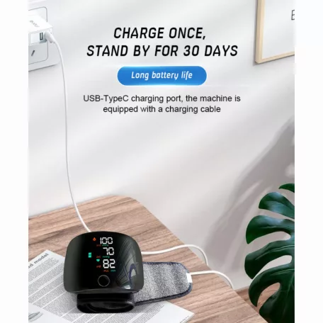 Digitális vérnyomásmérő, csuklós, LED kijelző, gyors automatikus mérés, 99 memória, USB töltés, fekete