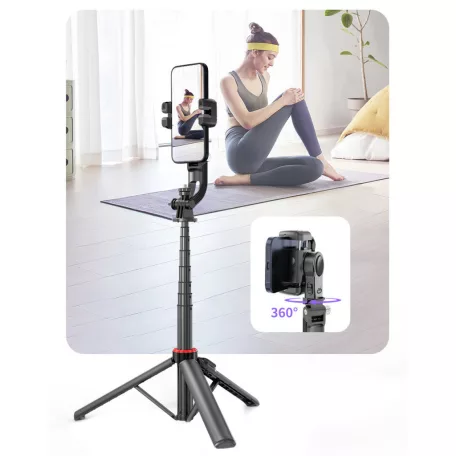Mobiltelefon Képstabilizátor, AI követési technológia Gimbal, 1 tengelyes, tripodos szelfibot, 8 óra működési idő, fekete