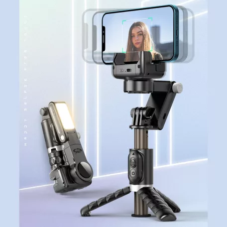 Mobiltelefon Képstabilizátor, automatikus követési funkció, 1 tengelyes Gimbal, vakus tripod, 360° forgatható, fekete