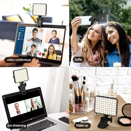 BOOYIIN® Hordozható LED szelfi világítás, mobiltelefonhoz/laptophoz, 360°-ban forgatható, állítható fényerő és színhőmérséklet, fekete