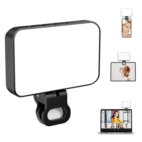 BOOYIIN® Hordozható LED szelfi világítás, mobiltelefon/laptophoz, 360°-ban forgatható, fényképezéshez/videókhoz/sminkhez, állítható fényerő és színhőmérséklet, fekete