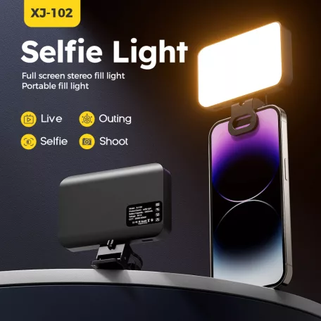 BOOYIIN® Hordozható LED szelfi világítás, mobiltelefon/laptophoz, 360°-ban forgatható, fényképezéshez/videókhoz/sminkhez, állítható fényerő és színhőmérséklet, fekete