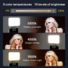 BOOYIIN® Hordozható LED szelfi világítás, mobiltelefon/laptophoz, 360°-ban forgatható, fényképezéshez/videókhoz/sminkhez, állítható fényerő és színhőmérséklet, fekete
