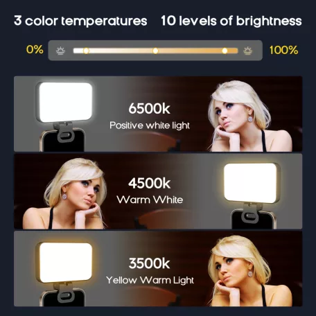 BOOYIIN® Hordozható LED szelfi világítás, mobiltelefon/laptophoz, 360°-ban forgatható, fényképezéshez/videókhoz/sminkhez, állítható fényerő és színhőmérséklet, fekete