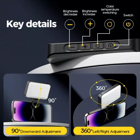 BOOYIIN® Hordozható LED szelfi világítás, mobiltelefon/laptophoz, 360°-ban forgatható, fényképezéshez/videókhoz/sminkhez, állítható fényerő és színhőmérséklet, fekete