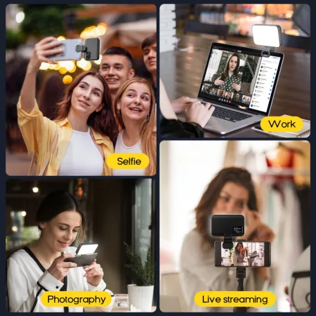 BOOYIIN® Hordozható LED szelfi világítás, mobiltelefon/laptophoz, 360°-ban forgatható, fényképezéshez/videókhoz/sminkhez, állítható fényerő és színhőmérséklet, fekete
