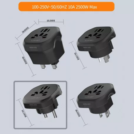 LDNIO® Univerzális utazó adapter, konnektor átalakító, EU-s aljzatba, EU/UK+AU+USA+CN csatlakozó, fekete