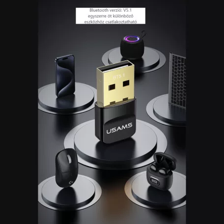 Usams® Bluetooth adapter, USB -> Bluetooth5.1, Bluetooth vevő, Plug&Play, kompatibilis Windows/Linux, fekete