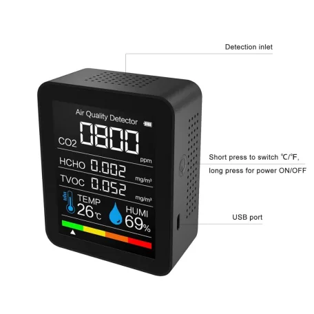 Multifunkciós formaldehid mérőkészülék, 5az1-ben, Szén-dioxid-detektor, CO2, hőmérséklet, páratartalom monitor, fekete