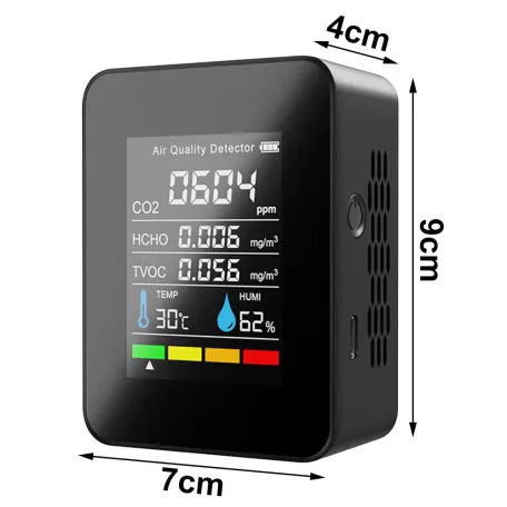 Multifunkciós formaldehid mérőkészülék, 5az1-ben, Szén-dioxid-detektor, CO2, hőmérséklet, páratartalom monitor, fekete