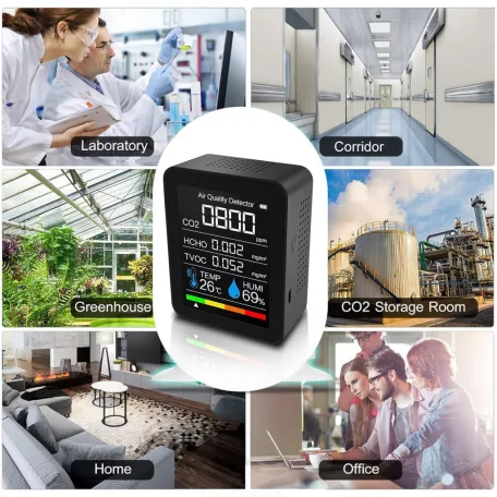 Multifunkciós formaldehid mérőkészülék, 5az1-ben, Szén-dioxid-detektor, CO2, hőmérséklet, páratartalom monitor, fekete