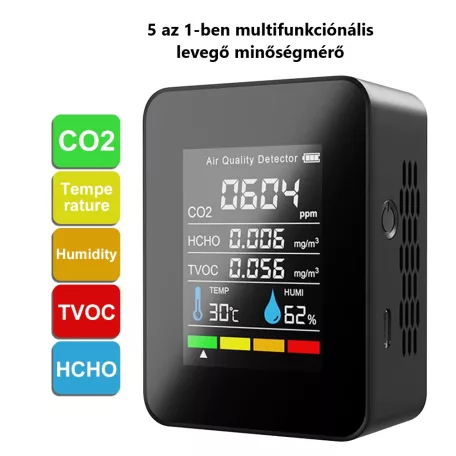 Multifunkciós formaldehid mérőkészülék, 5az1-ben, Szén-dioxid-detektor, CO2, hőmérséklet, páratartalom monitor, fekete