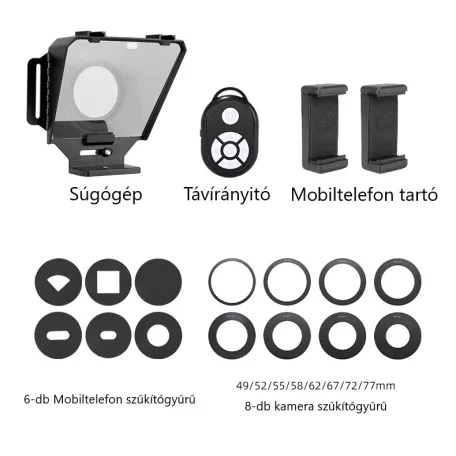 Suban® hordozható súgógép, olvasóeszköz DSLR / okostelefonokhoz, szűkítőgyűrűvel, 2db vakupapucs foglalat + 1/4" rögzítő csavarmenet, élő közvetítéshez vagy interjúhoz, fekete