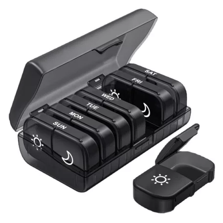 Darrow® hordozható gyógyszeradagoló doboz, utazó gyógyszertartó, 7 napos, 14 rekeszes, ABS műanyag, fekete