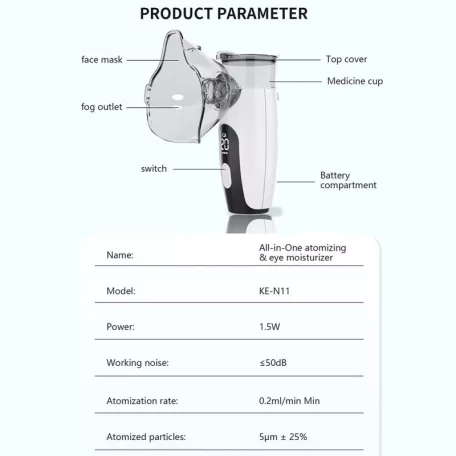 Ultrahangos inhalátor, csendes technológia, állítható porlasztó, szemnedvesítő készülék, gyerekeknek és felnőtteknek, fehér/fekete