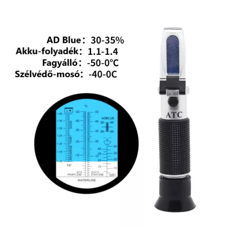 Multifunkciós optikai fagyállómérő, 4 az 1-ben Refraktométer: AdBlue, fagyálló, akkumulátorsav, szélvédőmosó mérése, ezüst/fekete