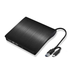   Hordozható külső CD/DVD író, USB/USB-C kettős interfész, DVD-8x/CD-24x írási sebesség, USB 3.0, Plug&Play, fekete 