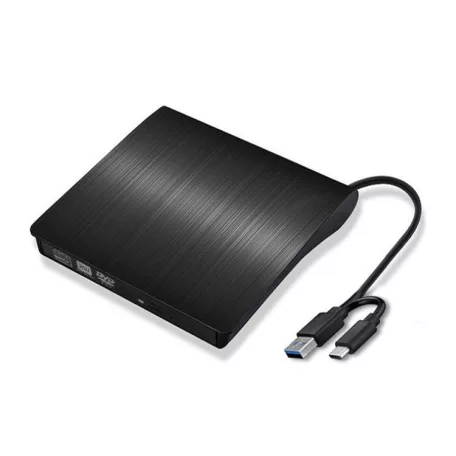 Hordozható külső CD/DVD író, USB/USB-C kettős interfész, DVD-8x/CD-24x írási sebesség, USB 3.0, Plug&Play, fekete 