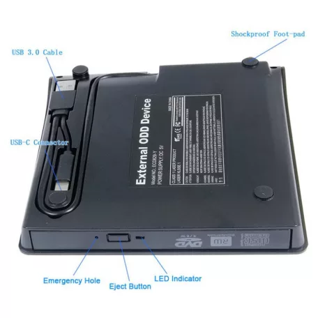 Hordozható külső CD/DVD író, USB/USB-C kettős interfész, DVD-8x/CD-24x írási sebesség, USB 3.0, Plug&Play, fekete 