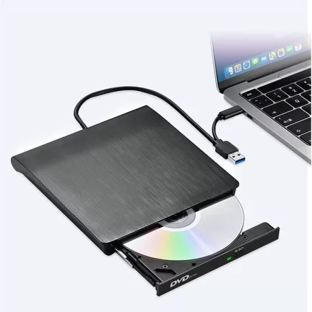 Hordozható külső CD/DVD író, USB/USB-C kettős interfész, DVD-8x/CD-24x írási sebesség, USB 3.0, Plug&Play, fekete 