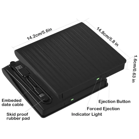 Hordozható külső CD/DVD író, USB/USB-C kettős interfész, DVD-8x/CD-24x írási sebesség, USB 3.0, Plug&Play, fekete 