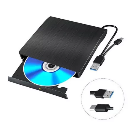 Hordozható külső CD/DVD író, USB/USB-C kettős interfész, DVD-8x/CD-24x írási sebesség, USB 3.0, Plug&Play, fekete 
