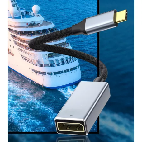 Type-C -> DisplayPort (anya) multimédiás adapter, USB 3.0, DP 1.4, 4K/144Hz, Plug&Play, ezüst/fekete