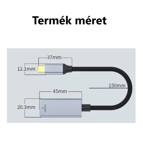 Type-C -> DisplayPort (anya) multimédiás adapter, USB 3.0, DP 1.4, 4K/144Hz, Plug&Play, ezüst/fekete