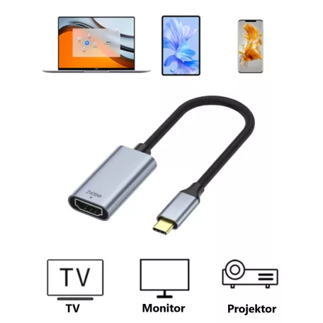 Type-C -> HDMI (anya) multimédiás adapter, USB 3.0, Ultra HD, 4K/60Hz, Plug&Play, ezüst/fekete