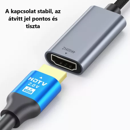 Type-C -> HDMI (anya) multimédiás adapter, USB 3.0, Ultra HD, 4K/60Hz, Plug&Play, ezüst/fekete