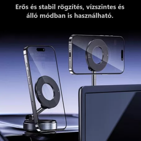 Enja® univerzális mobiltelefontartó, MagSafe kompatibilis,szélvédőre és műszerfalra alkalmas, vákuumos tapadókoronggal, 360°-ban forgatható, fekete