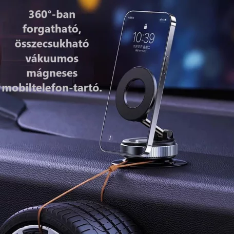Enja® univerzális mobiltelefontartó, MagSafe kompatibilis,szélvédőre és műszerfalra alkalmas, vákuumos tapadókoronggal, 360°-ban forgatható, fekete